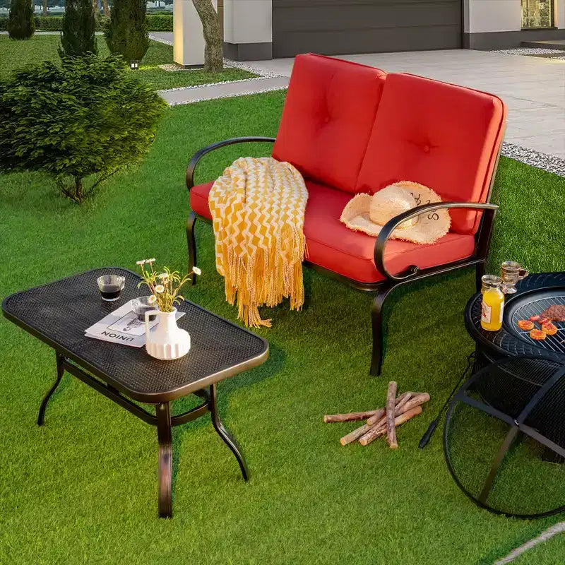 Costway Ensemble mobilier de jardin 2 pièces Banc de canapé avec table basse et coussins