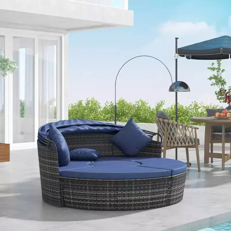 Lit de repos rond Outsunny, ensemble de canapé conversationnel ou de lit de soleil d'extérieur en rotin et osier rembourré de 4 pièces avec auvent