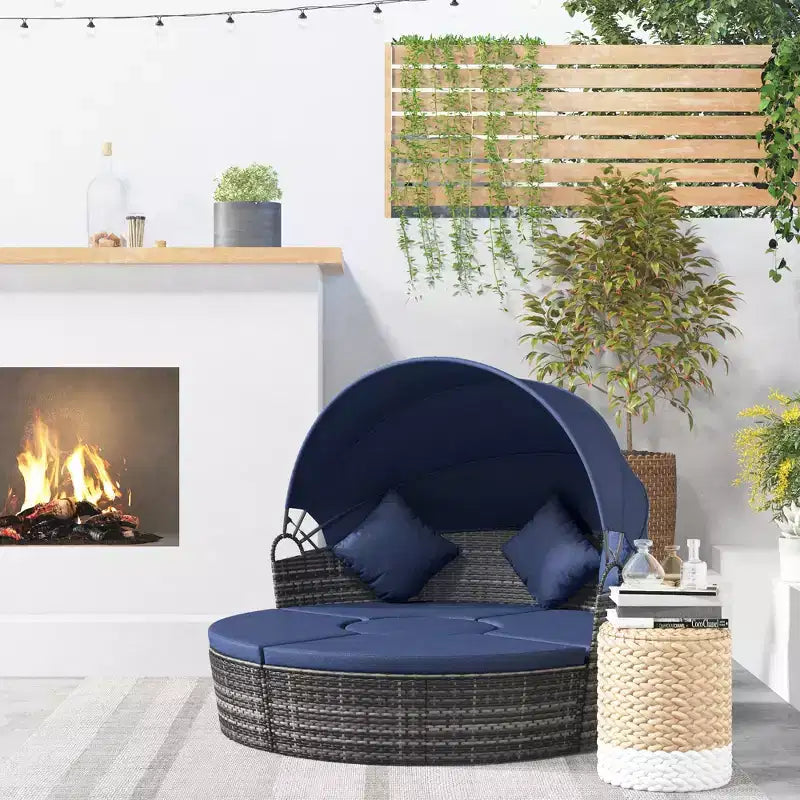 Lit de repos rond Outsunny, ensemble de canapé conversationnel ou de lit de soleil d'extérieur en rotin et osier rembourré de 4 pièces avec auvent