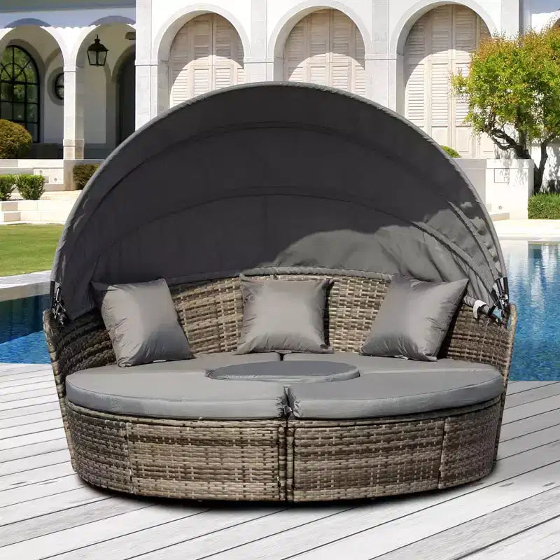 Lit de repos rond Outsunny, ensemble de canapé conversationnel ou de lit de soleil d'extérieur en rotin et osier rembourré de 4 pièces avec auvent