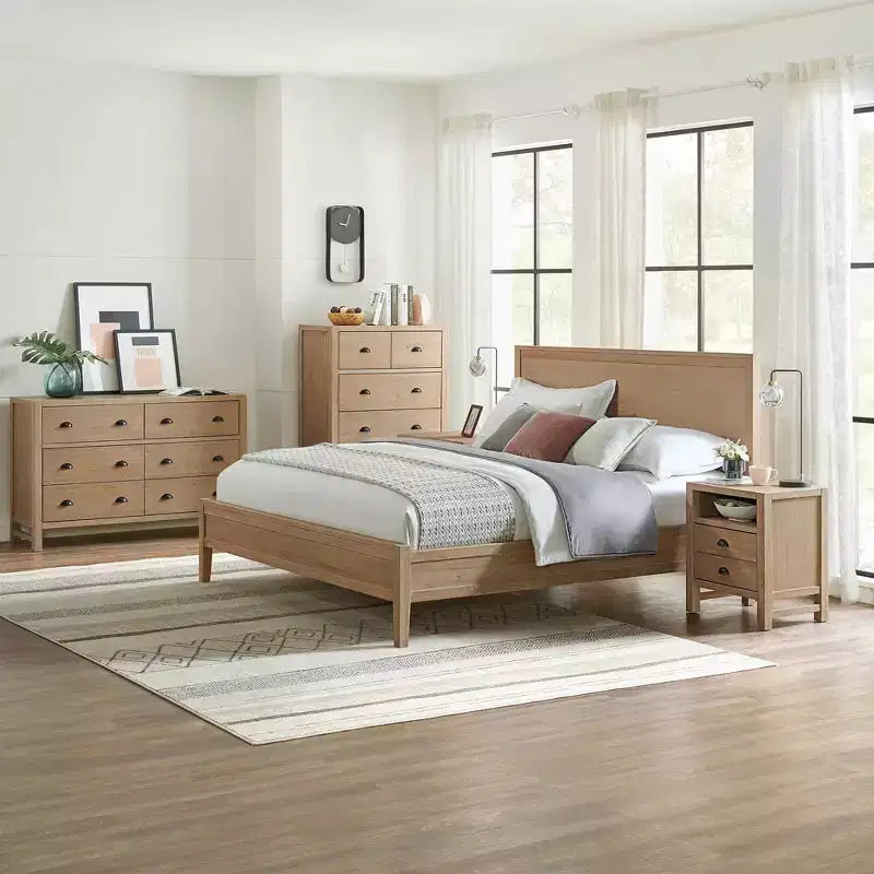 Ensemble de chambre à coucher 5 pièces Arden Wood avec deux tables de chevet à 2 tiroirs Bois flotté clair - Meubles Alaterre