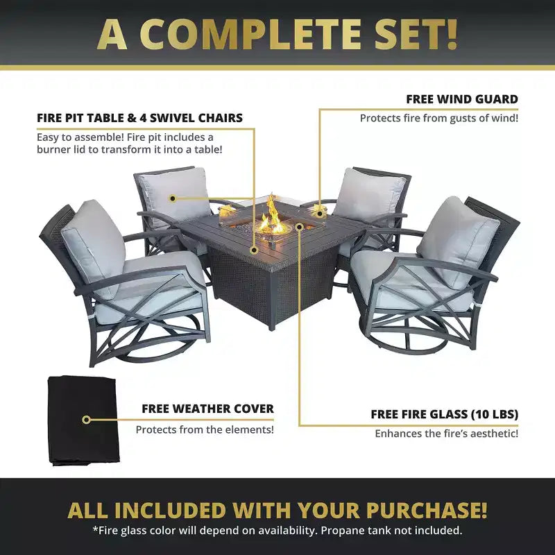 Ensemble Kinger Home Ethan de 5 pièces pour foyer au propane en osier avec cadre en aluminium