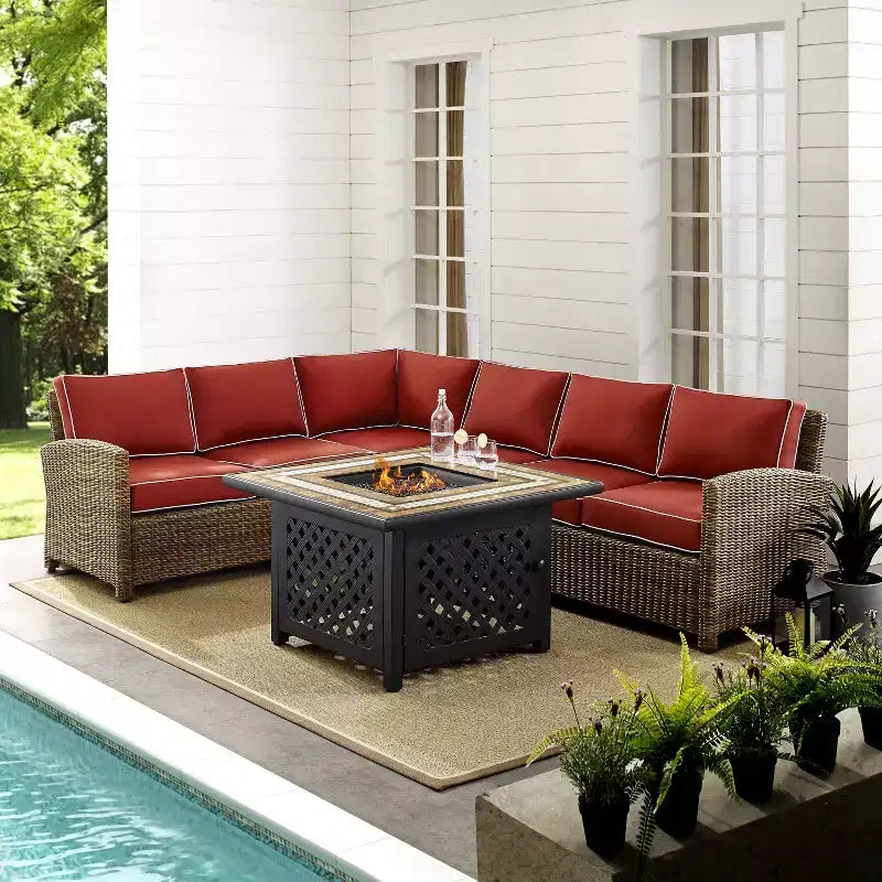 Ensemble sectionnel d'extérieur 5 pièces en osier Bradenton avec table brasero - Crosley