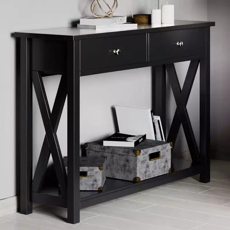 Console Table with Two Drawers  2-Tier Entryway Table with Storage Shelf and Sturdy X-Braced Legs for Living Room or Hallway by Lavish Home (Black)