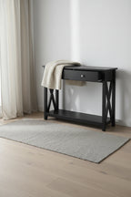 Console avec deux tiroirs, table d'entrée à 2 niveaux avec étagère de rangement et pieds robustes en croix pour salon ou couloir (noir)