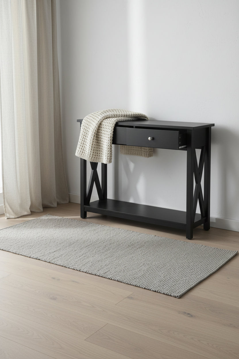 Console Table with Two Drawers 2-Tier Entryway Table with Storage Shelf and Sturdy X-Braced Legs for Living Room or Hallway by (Black)