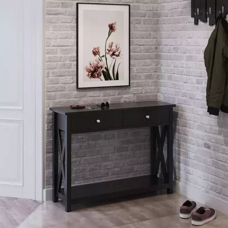 Console avec deux tiroirs, table d'entrée à 2 niveaux avec étagère de rangement et pieds robustes en croix pour salon ou couloir (noir)
