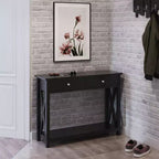 Console avec deux tiroirs, table d'entrée à 2 niveaux avec étagère de rangement et pieds robustes en croix pour salon ou couloir (noir)