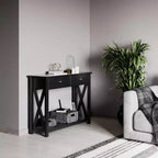 Console avec deux tiroirs, table d'entrée à 2 niveaux avec étagère de rangement et pieds robustes en croix pour salon ou couloir (noir)