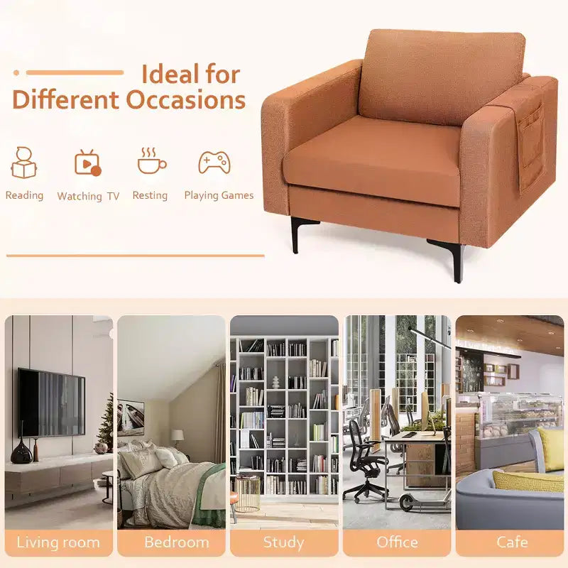 Lot de 2 fauteuils d'appoint en tissu Costway avec poches de rangement latérales