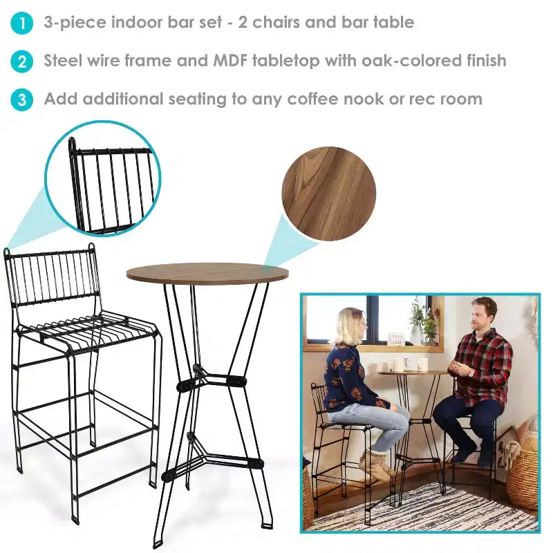Sunnydaze Ensemble de bar 3 pièces d'intérieur en fil d'acier avec plateau en faux bois – Marron – 3 pièces