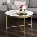 Table basse ronde en métal, 28.25x28.25x19, Blanc et or
