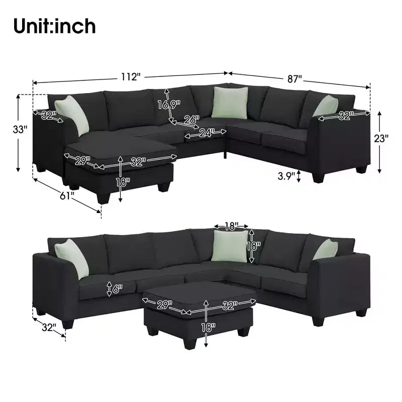 Canapé Modulable Sectionnel 7 Places avec Ottomane - Canapé d'Angle en Tissu en Forme de L avec 3 Coussins - ModernLuxe