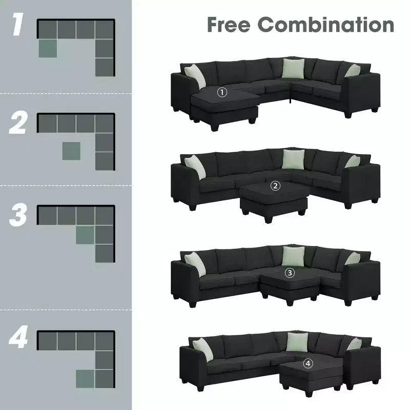 Canapé Modulable Sectionnel 7 Places avec Ottomane - Canapé d'Angle en Tissu en Forme de L avec 3 Coussins - ModernLuxe