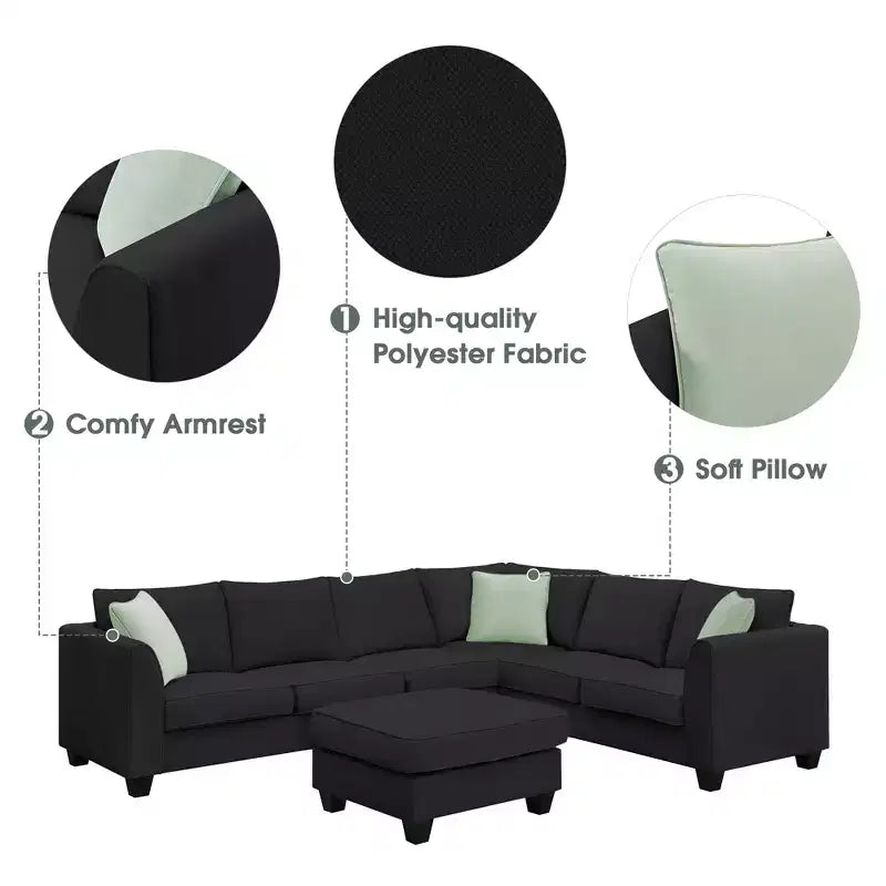 Canapé Modulable Sectionnel 7 Places avec Ottomane - Canapé d'Angle en Tissu en Forme de L avec 3 Coussins - ModernLuxe