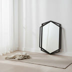 LuxenHome 31.8X22 Inch Asymmetrical Wall Mirror, Black Metal Frame Hexagon Bathroom Mirrors, Hanging Decor Vanity Mirror for Bedroom Entryway Hall