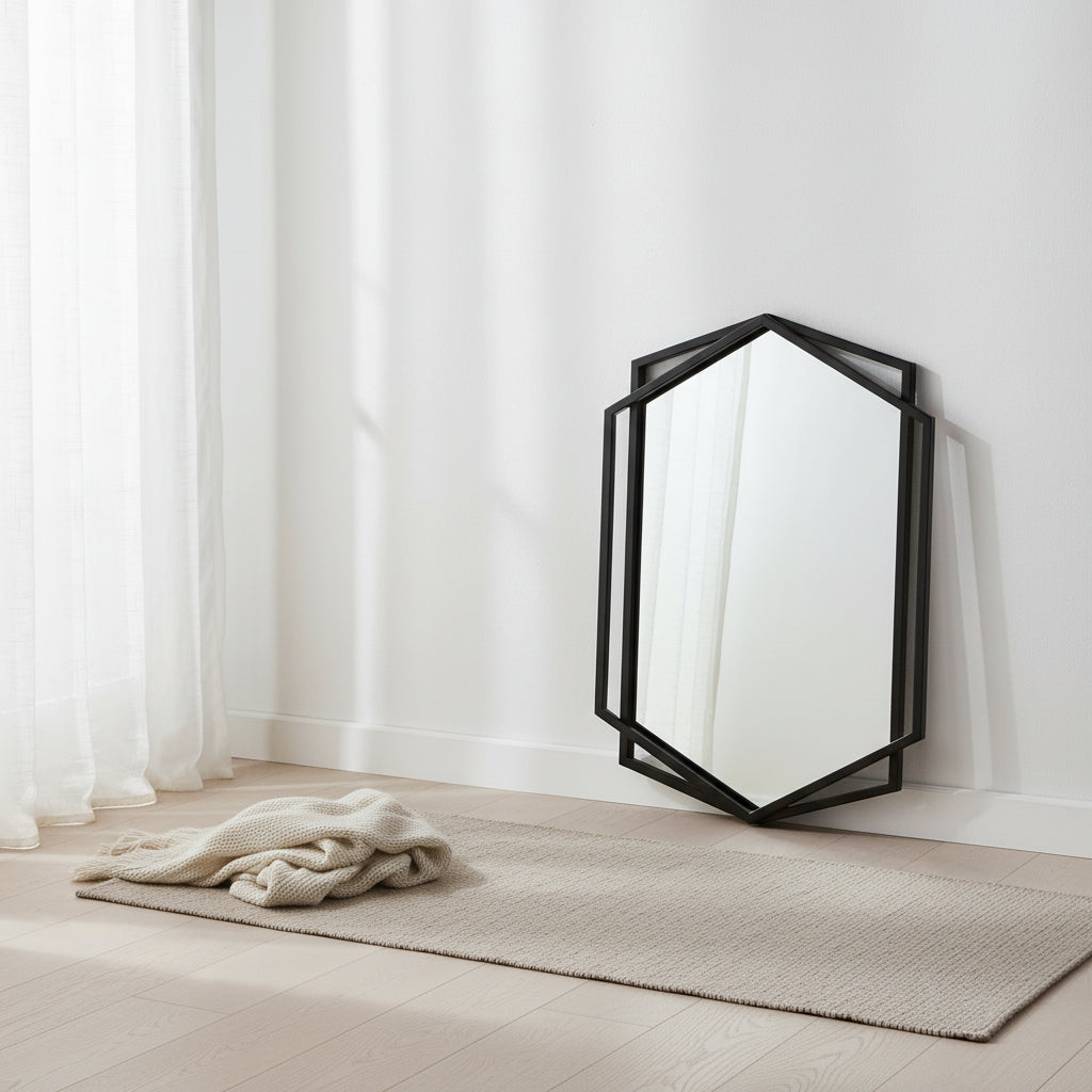 LuxenHome 31.8X22 Inch Asymmetrical Wall Mirror, Black Metal Frame Hexagon Bathroom Mirrors, Hanging Decor Vanity Mirror for Bedroom Entryway Hall