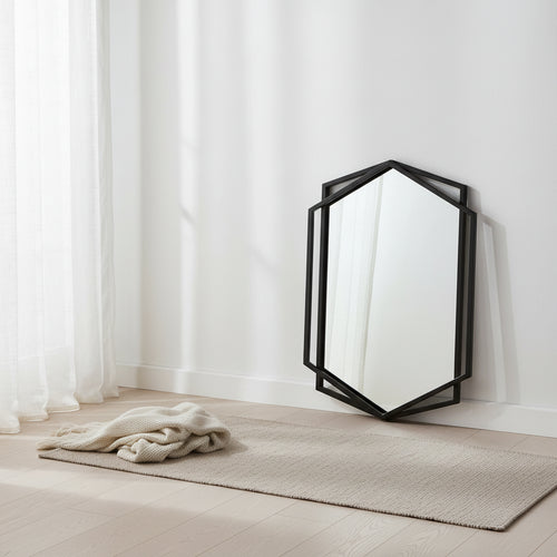 LuxenHome 31.8X22 Inch Asymmetrical Wall Mirror, Black Metal Frame Hexagon Bathroom Mirrors, Hanging Decor Vanity Mirror for Bedroom Entryway Hall