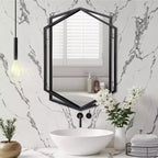 Miroir mural asymétrique 31,8 x 22 pouces, miroir de salle de bain hexagonal en métal noir, miroir décoratif à suspendre pour chambre à coucher, entrée, couloir