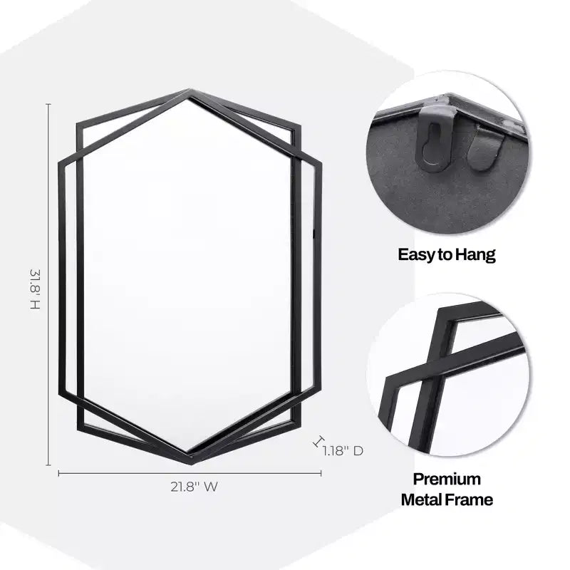 31.8X22 Inch Asymmetrical Wall Mirror, Black Metal Frame Hexagon Bathroom Mirrors, Hanging Decor Vanity Mirror for Bedroom Entryway Hall