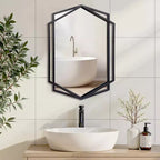 Miroir mural asymétrique 31,8 x 22 pouces, miroir de salle de bain hexagonal en métal noir, miroir décoratif à suspendre pour chambre à coucher, entrée, couloir