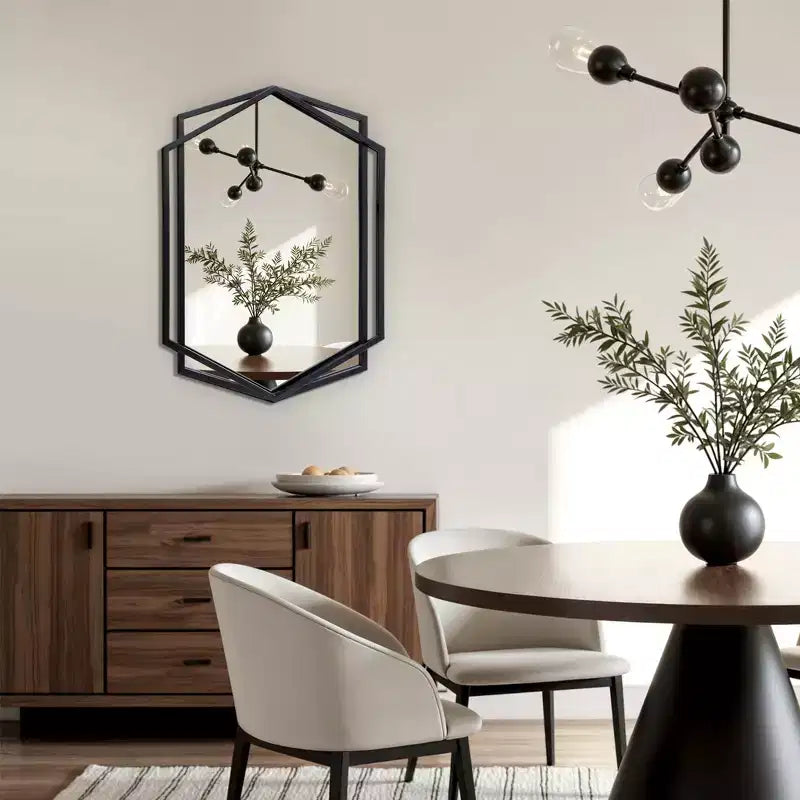 31.8X22 Inch Asymmetrical Wall Mirror, Black Metal Frame Hexagon Bathroom Mirrors, Hanging Decor Vanity Mirror for Bedroom Entryway Hall
