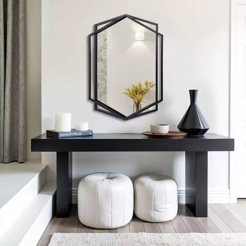 31.8X22 Inch Asymmetrical Wall Mirror, Black Metal Frame Hexagon Bathroom Mirrors, Hanging Decor Vanity Mirror for Bedroom Entryway Hall