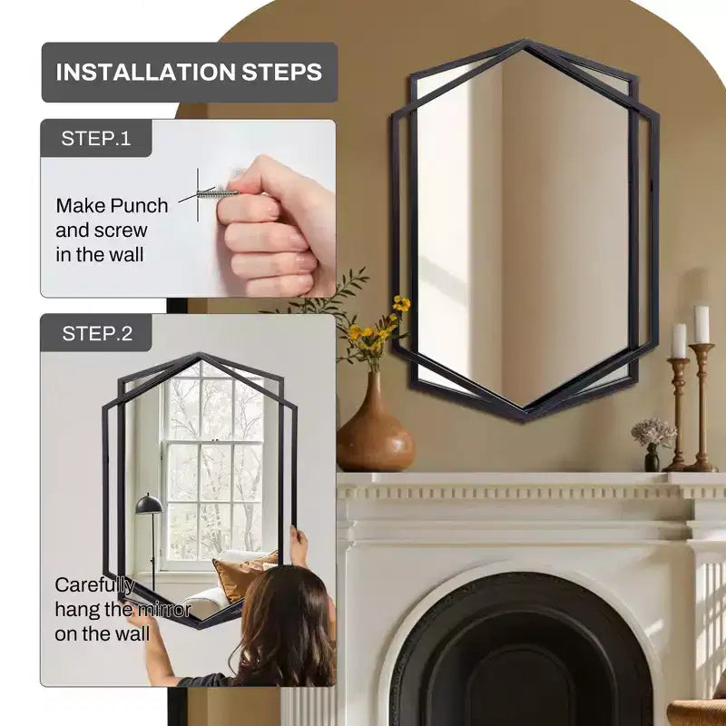 31.8X22 Inch Asymmetrical Wall Mirror, Black Metal Frame Hexagon Bathroom Mirrors, Hanging Decor Vanity Mirror for Bedroom Entryway Hall