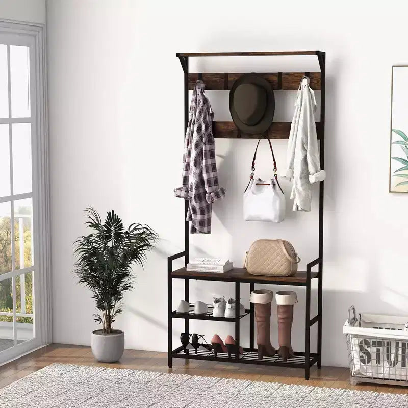 Porte-manteau d'entrée industriel 71'' avec banc à chaussures et étagère de rangement avec crochets