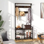 Porte-manteau d'entrée industriel 71'' avec banc à chaussures et étagère de rangement avec crochets