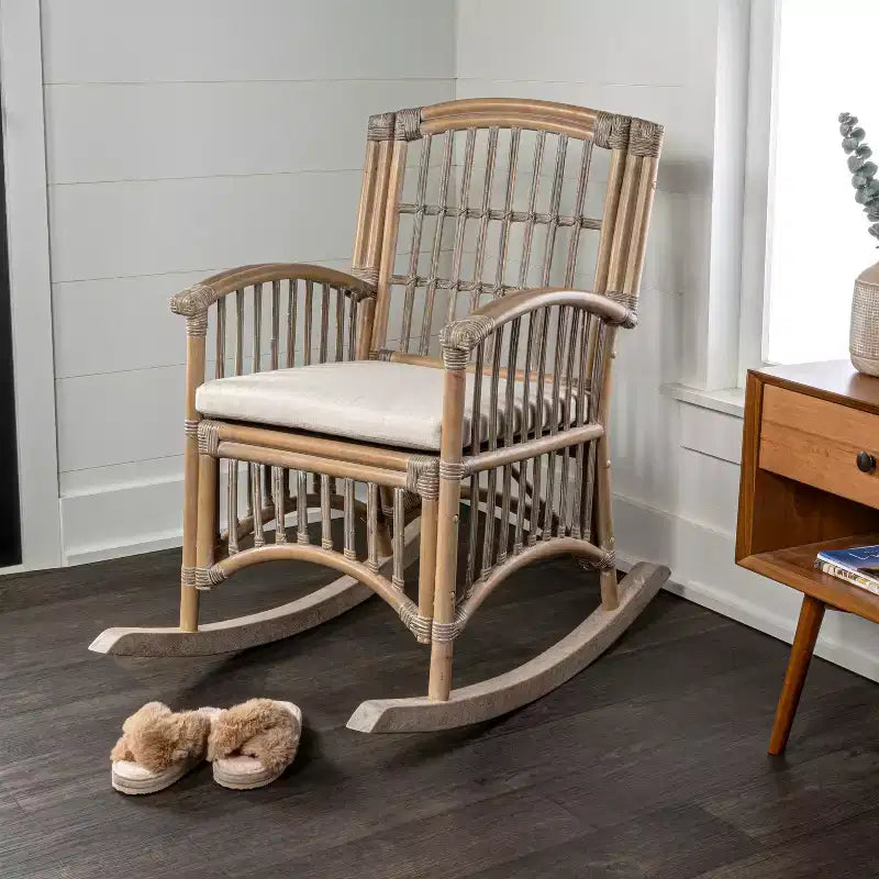 Fauteuil à bascule bohème en rotin/bois de style campagnard, coussin avec cadre
