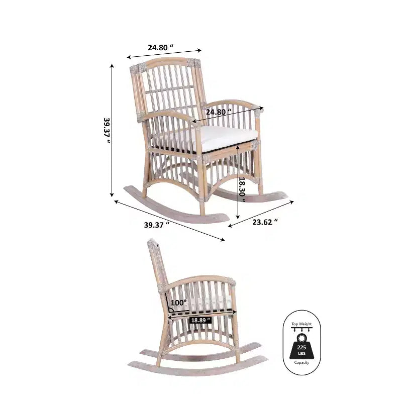 Fauteuil à bascule bohème en rotin/bois de style campagnard, coussin avec cadre