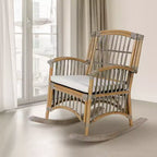 Fauteuil à bascule bohème en rotin/bois de style campagnard, coussin avec cadre