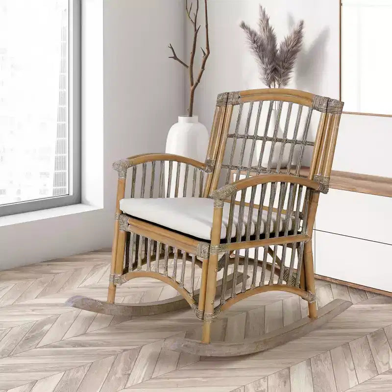 Fauteuil à bascule bohème en rotin/bois de style campagnard, coussin avec cadre