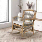 Fauteuil à bascule bohème en rotin/bois de style campagnard, coussin avec cadre