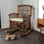 Fauteuil à bascule bohème en rotin/bois de style campagnard, coussin avec cadre