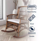 Fauteuil à bascule bohème en rotin/bois de style campagnard, coussin avec cadre