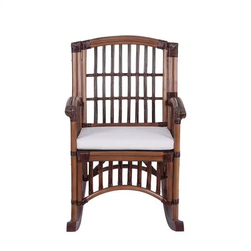 Fauteuil à bascule bohème en rotin/bois de style campagnard, coussin avec cadre