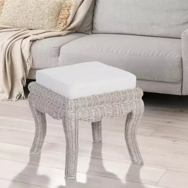 19.7 Bohemian Designer Woven Rattan/Wood Ottoman Vanity Stool, White Cushion Seat