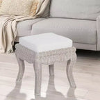 Pouffe/tabouret de coiffeuse tressé en rotin/bois, style bohème, 19,7 pouces, assise coussinée blanche