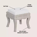 Pouffe/tabouret de coiffeuse tressé en rotin/bois, style bohème, 19,7 pouces, assise coussinée blanche