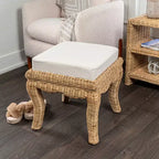 Pouffe/tabouret de coiffeuse tressé en rotin/bois, style bohème, 19,7 pouces, assise coussinée blanche