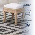 Pouffe/tabouret de coiffeuse tressé en rotin/bois, style bohème, 19,7 pouces, assise coussinée blanche