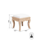 Pouffe/tabouret de coiffeuse tressé en rotin/bois, style bohème, 19,7 pouces, assise coussinée blanche
