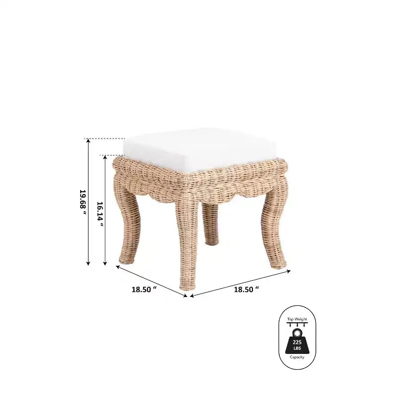 19.7 Bohemian Designer Woven Rattan/Wood Ottoman Vanity Stool, White Cushion Seat