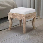 Pouffe/tabouret de coiffeuse tressé en rotin/bois, style bohème, 19,7 pouces, assise coussinée blanche