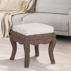 Pouffe/tabouret de coiffeuse tressé en rotin/bois, style bohème, 19,7 pouces, assise coussinée blanche