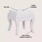 Pouffe/tabouret de coiffeuse tressé en rotin/bois, style bohème, 19,7 pouces, assise coussinée blanche