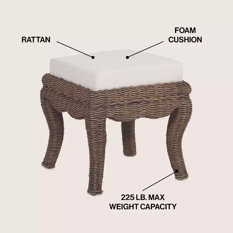 19.7 Bohemian Designer Woven Rattan/Wood Ottoman Vanity Stool, White Cushion Seat
