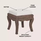 Pouffe/tabouret de coiffeuse tressé en rotin/bois, style bohème, 19,7 pouces, assise coussinée blanche
